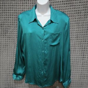 VTG Silk JewelTone Buttonup Blouse SzLg Teal Emerald Glam Lux Money Shoulder Pad